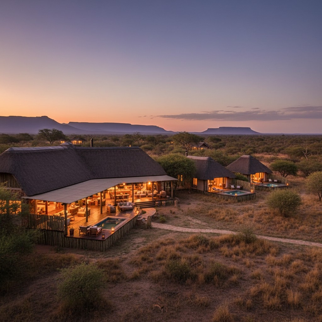 Game lodge at sunset in South African bushveld